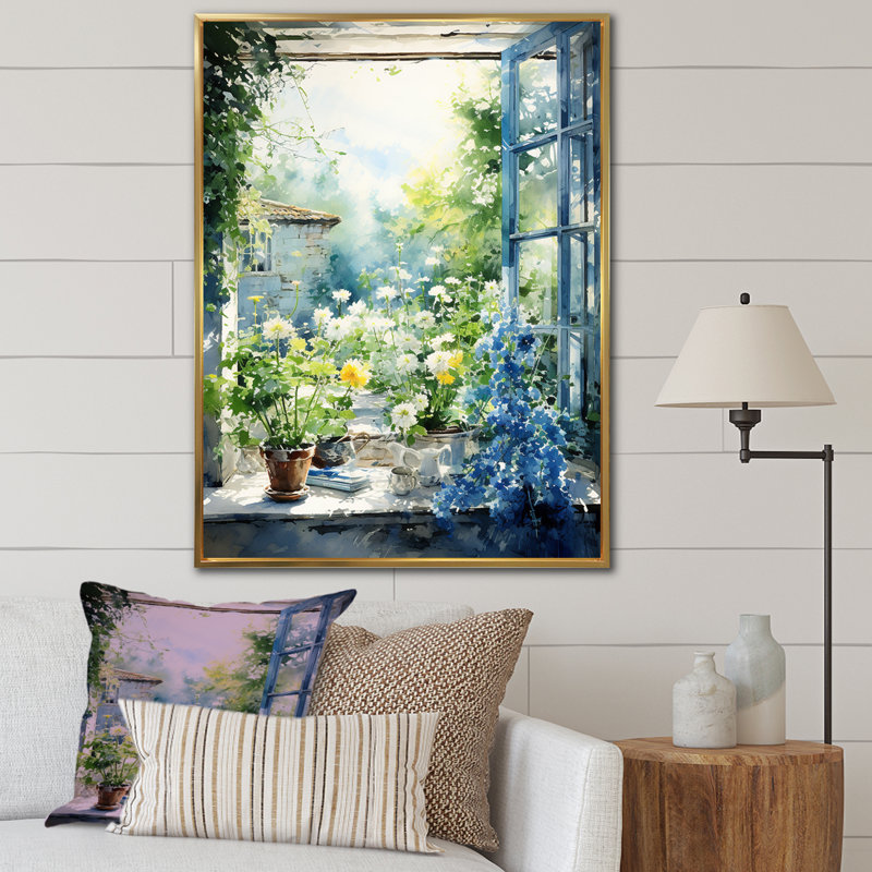 Vert et bleu campagne fenêtre charme II - ferme fenêtres, art mural sur toile, Cadre flottant doré