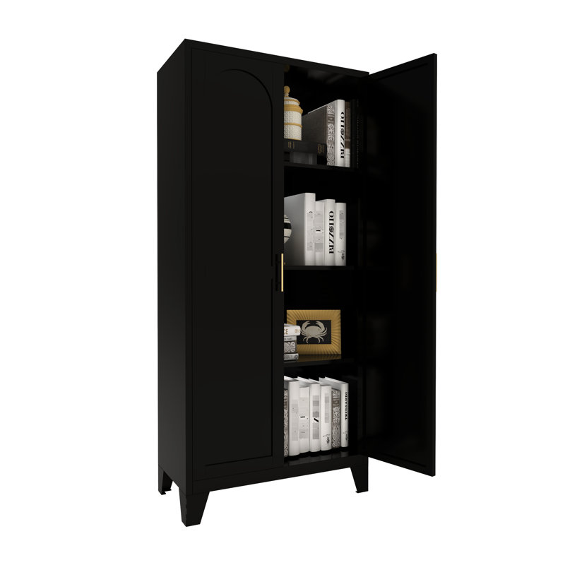 Armoire de rangement en métal 61 po avec 2 portes galbées, tablettes réglables, noir, pour la chambre à coucher, la cuisine, le bureau - polyvalente, portes en acier noir faciles à nettoyer et salon idéal, grand couloir de rangement,