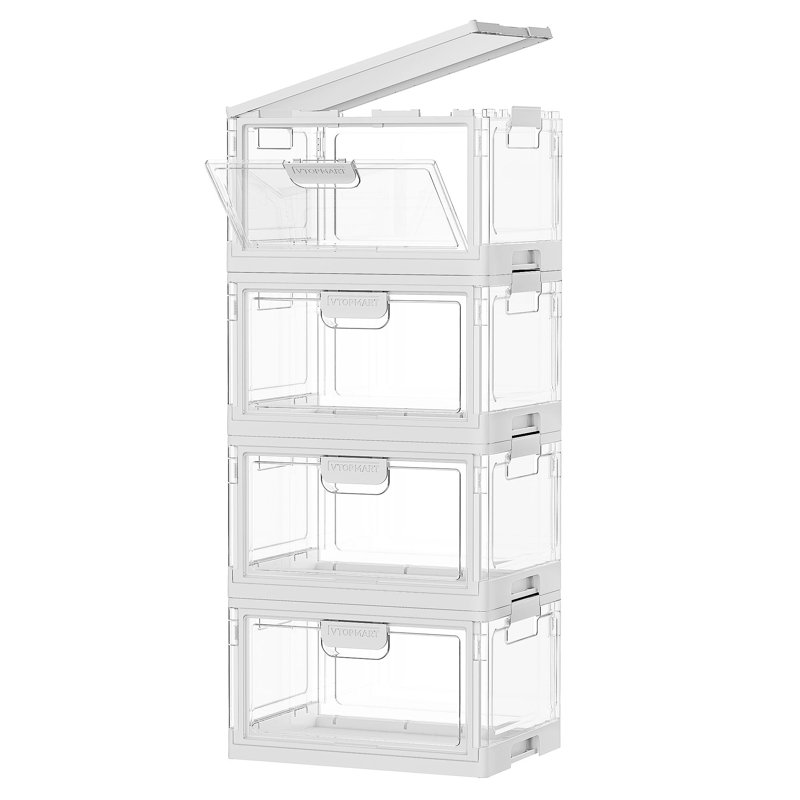 Vtopmart 4 Pack Clear Stackable Storage Bins With Lids 24qt, Foldable Storage Boxes With Doors Open Front, Plastic Closet Organizer For Craft, Toys, Pantry Organization
