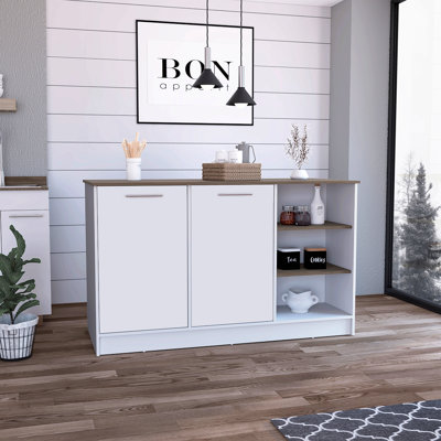 Îlot de cuisine deux armoires, trois tablettes ouvertes, blanc / brun foncé