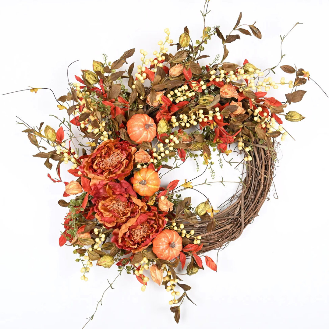 26" Faux Fall Thanksgiving Day Pumpkin Peony Floral Wreath for Front Door The Holiday Aisle® Wreath