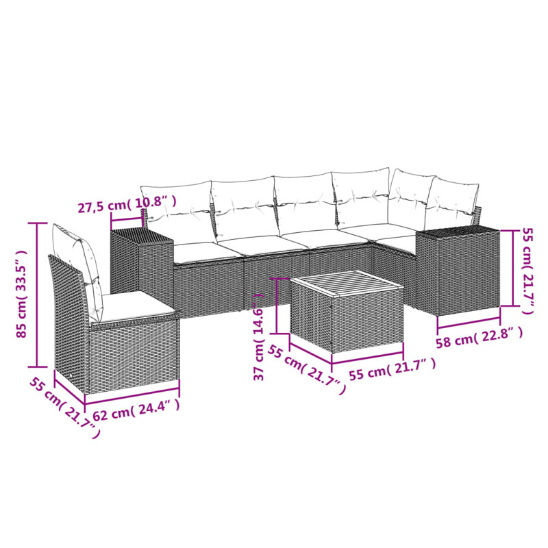 7 Piece Patio Sofa Set With Cushions Poly Rattan, Grey, Navy
