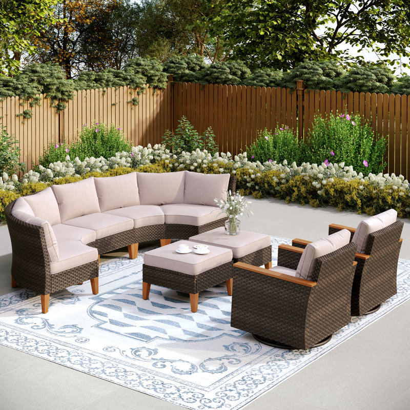 Argyri Outdoor Wicker Patio Conversation Furniture Set With Swivel Chairs And Firepit Table, No