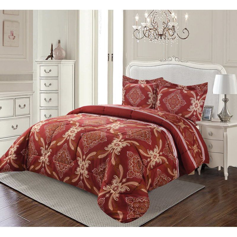 Burgundy Trendy Printed Bedspread Floral Design Quilted with Pillow Shams, King Bedspread + 2 Standard Shams