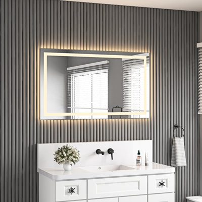 Miroir de meuble-lavabo 48 po x 28 po avec 3 températures de couleur, fonction de brouillard, cadre en aluminium, mémoire, gradation continue, bois de frêne, parfait pour rehausser la salle de bain