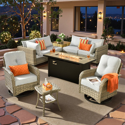 Outdoor Wicker 6 Person Seating Group With Cushions With Rocking And Swivel Chairs And Fire Pit Table
