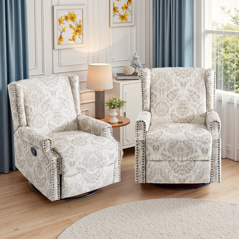 Upholstered Classic Wing Back Manual Handle Swivel Rock Glider Recliner with Naihead Trims, Beige