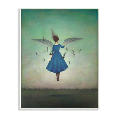 Beauty and Birds at Night Blue and Teal Illustration Wall Plaque Art
