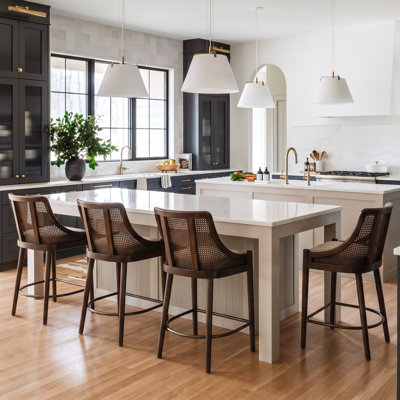 Paxon 26.25'' Seat Height Modern Solid Rubberwood Counter Stool With Cane Back And Upholstered Seat for Kitchen Islands