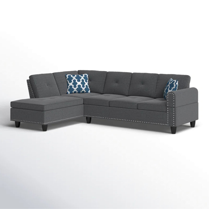 2 - Piece 98" Wide Dark Gray Linen Left Hand Facing L Shaped & Chaise , Round Arms, Back Pillows, Nailhead Trim, Tied Spring Foam Cushions, Removable Backs, Seats Five, Two Accent Pillows Chaise,