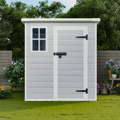 Remise imperméable en polypropylène, 6 pi x 6 pi, avec fenêtre, plancher pour jardin, résine de rangement dans la cour et portes verrouillables, outil