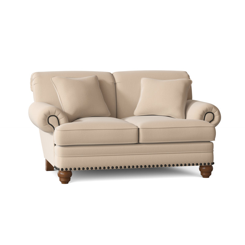 Spratt Loveseat, Peyton Navy Performance Twill, Dark Brass, Pecan