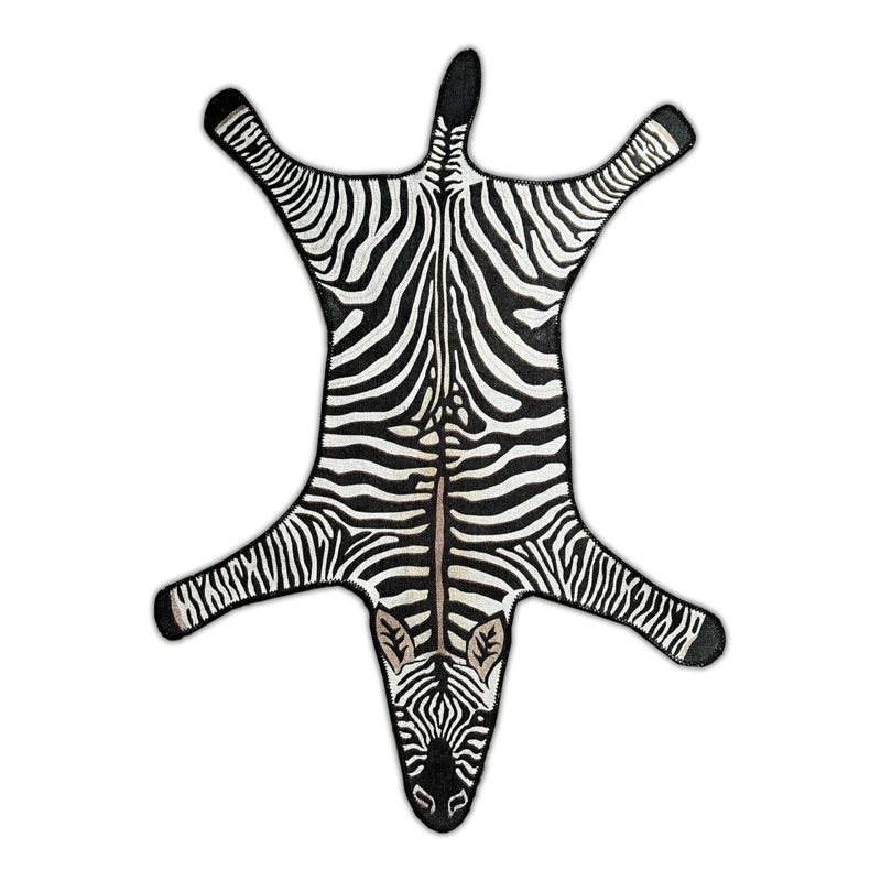 Zebra Figured Black And White Woven Carpet, Novelty 3'4" x 3'4"
