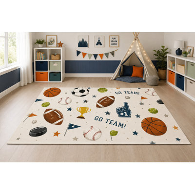 Tapis « Ultra Fin » 152 x 213 cm (5 pi x 7 pi) à motifs sportifs All Star, idéal pour chambre d'enfant, chambre à coucher, salon et bureau à domicile. Tapis doux à poils courts avec envers antidérapant en silicone.