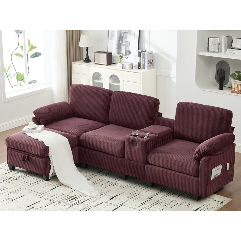 Canapé modulaire avec repose-pieds, Velours côtelé rose rouge