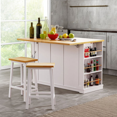 This Large Kitchen Island With 2 Bar Stools And An Electrical Outlet Has Storage Shelves Inside The Door And A 5-Wheel Storage Cart With Folding Board