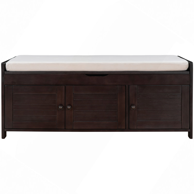 Storage Bench With 3 Shutter-Shaped Doors, Shoe Bench With Removable Cushion And Hidden Storage Space, Espresso