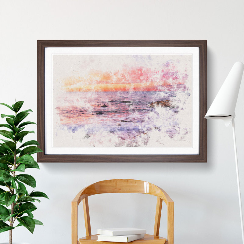 Beach in Spain Watercolour - Picture Frame Graphic Art Print, Walnut Framed, 36cm H x 48cm W x 2cm D