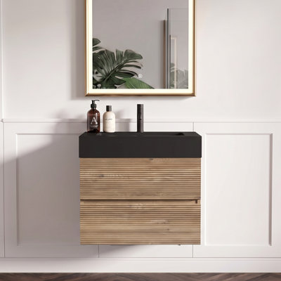 24''Modern Wall-Mounted Floating Bathroom Vanity in Oak with Engineered Matt Black Solid Surface Sink, Soft Drawers