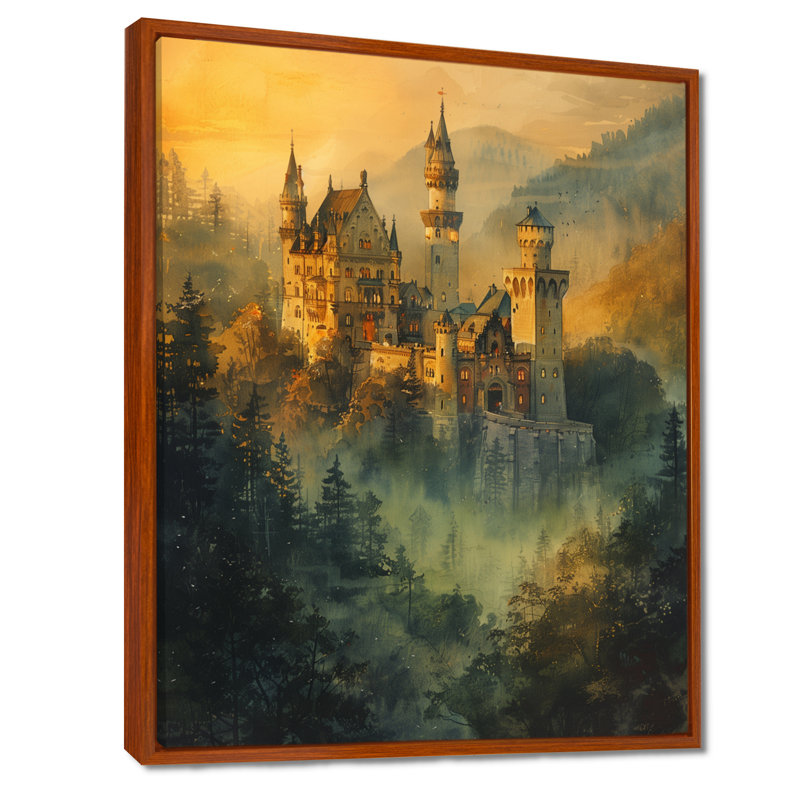 Art rétro, château de conte de fées dans le brouillard - châteaux, Toile avec cadre flottant brun, H 32 po x l 24 po x P 1 po