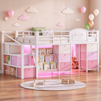 Low Loft Bed Twin Size with 9 Storage Drawers, Bookcase & LED Lights, Metal Kids Loft Bed with Stairs and Guardrail
