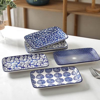 Ensemble de 6 assiettes rectangulaires en céramique bleues rétro de 8 pouces, multifonctionnelles pour les salades, les entrées, les pâtes, les desserts, les sushis et les fruits frais.