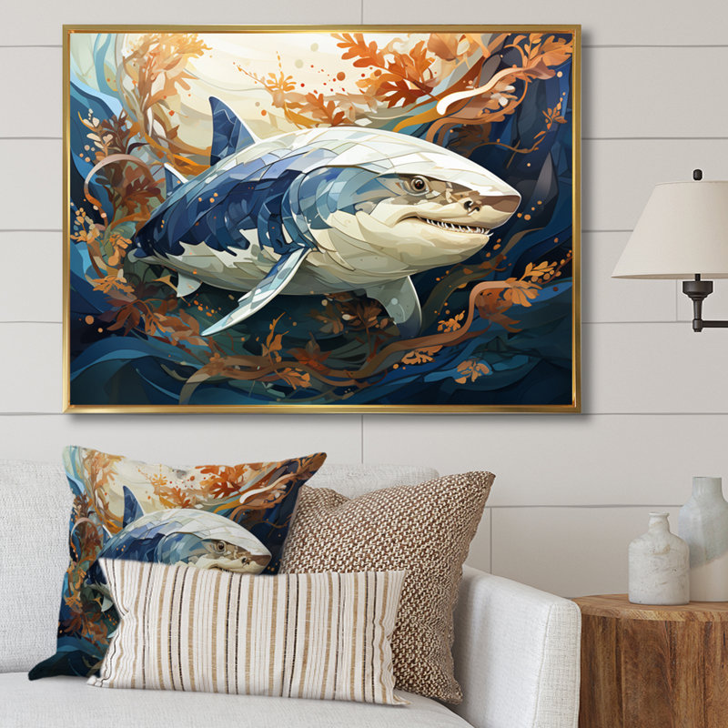 " Gray Orange Shark Harmony ", 34" H x 44" W x 1.5" D, Gold Floater Framed