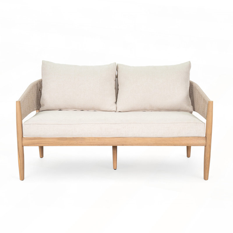 Causeuse d'extérieur en bois d'acacia de patio, durable et élégante avec coussins beiges et corde brun clair