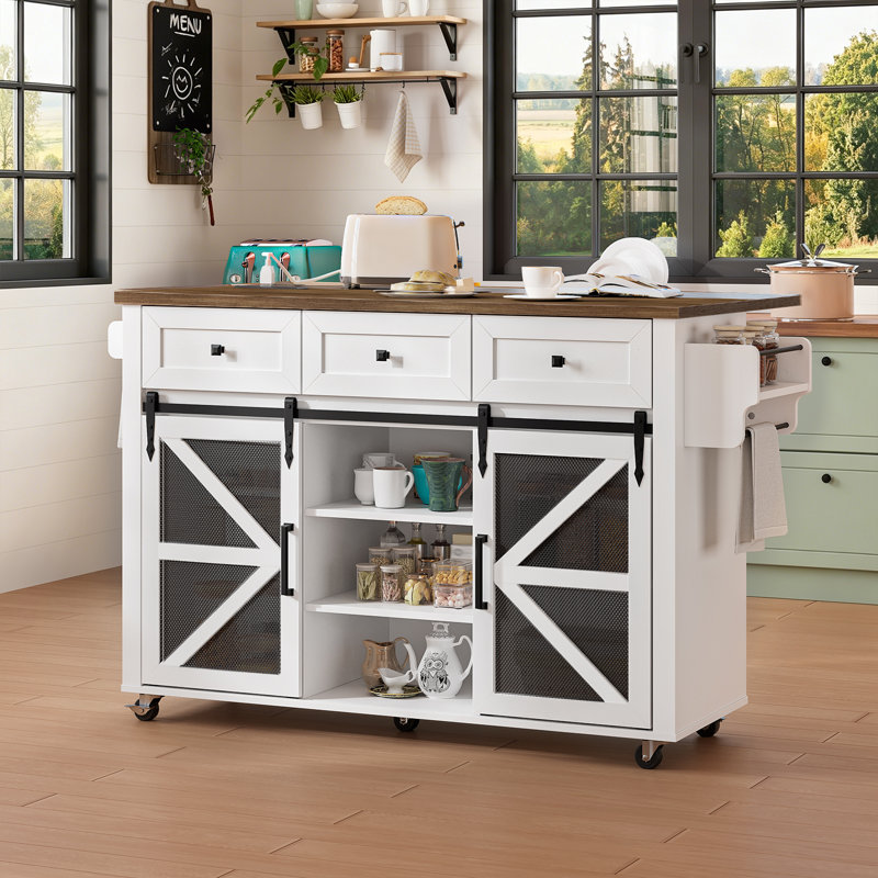 55" Kitchen Island with Storage, Barn Doors and Drop-Leaf, Rolling Cart with Charging Station, White/Walnut