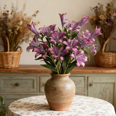 5 Pieces Artificial Lilies Bouquet, 27.6 Inch with Green Stems and Green Leaves Artificial Flower Bouquet,  for Home Decor, Weddings and Events, Purple