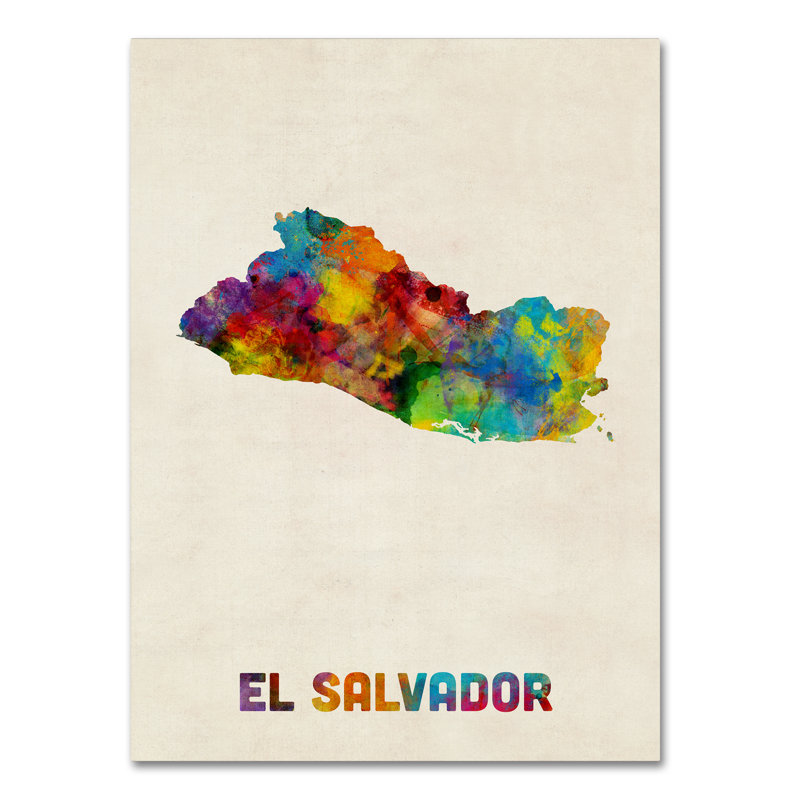 Carte en aquarelle sur toile tendue el salvador, H 32 po x l 24 po x P 2 po