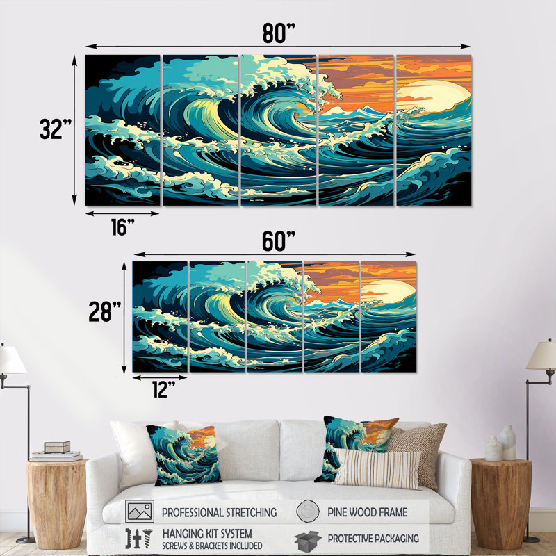 «Japanese Waves In A Storm II - Coastal Tropical», art mural 5 pièces pour le salon, H 28 po x l 60 po
