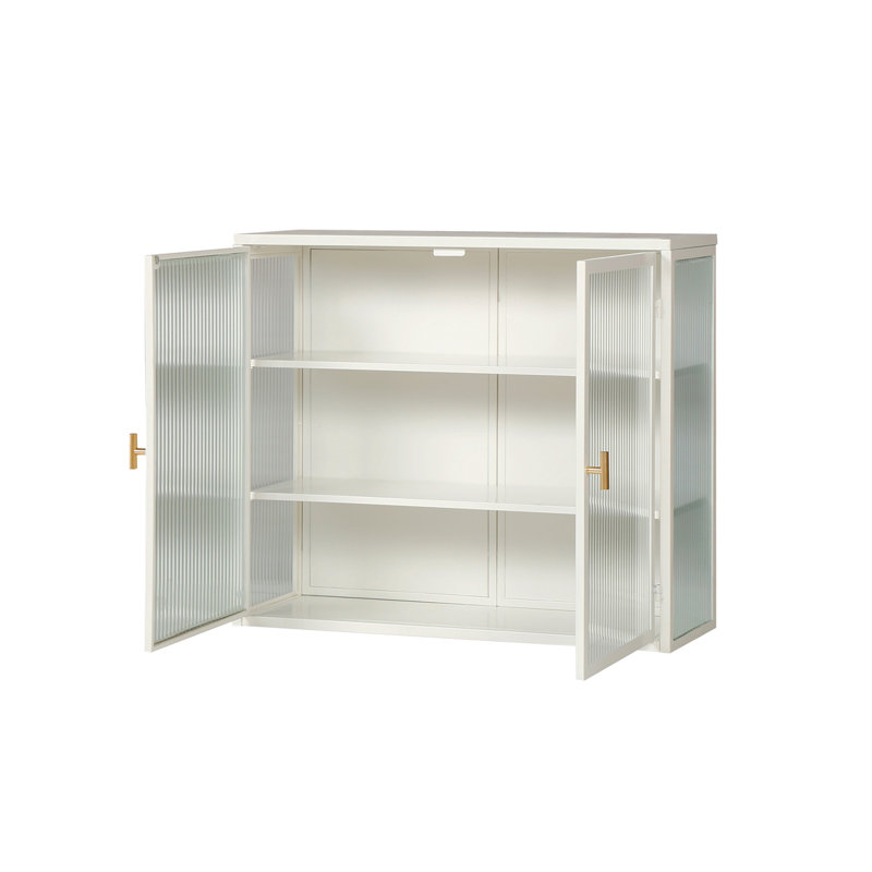 Armoire murale moderne 27,56 po à deux portes en verre avec rangement à trois niveaux pour le hall d'entrée, salle de bain, blanc