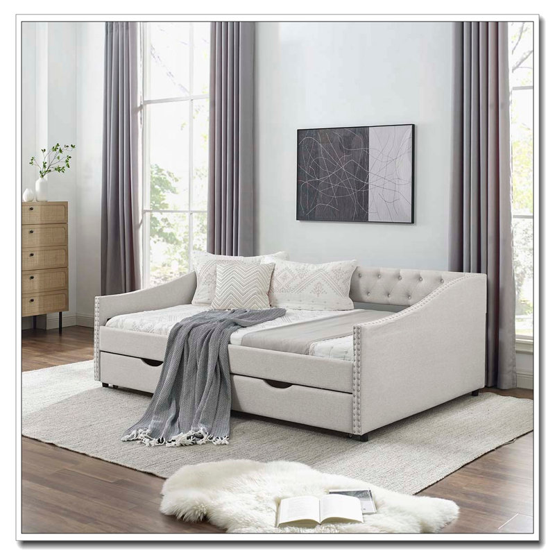 Canapé-lit rembourré capitonné, Lit double, Beige