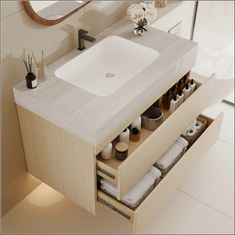 Meuble-lavabo mural 29,9 po avec plateau en faux marbre et tiroirs, Wood, Stone Grey