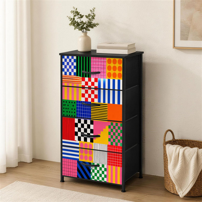 Commode à 4 tiroirs pour la chambre à coucher à rayures géométriques colorées à pois et couleurs vives