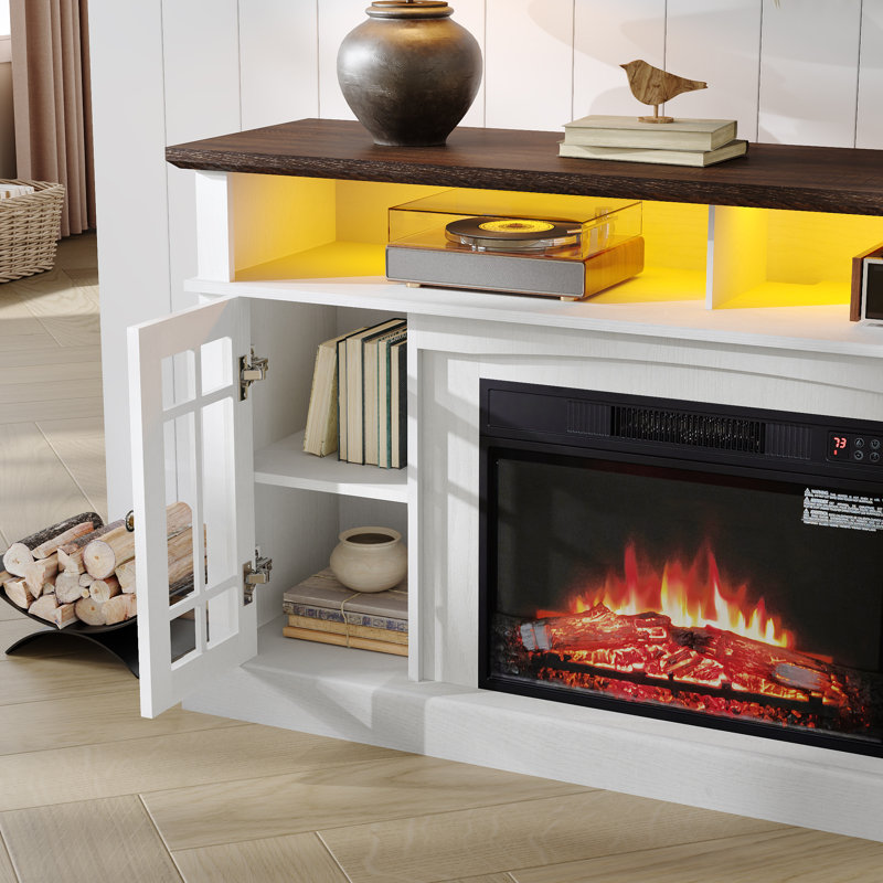 Classic Fireplace Tv Stand With Adjustable Shelves, Glass-Door Storage & Optional Fireplace Insert, White/Dark Brown