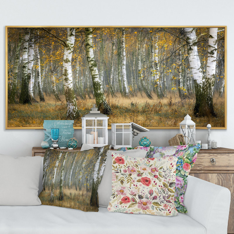 Forêt de bouleaux d'automne - Photographie sur toile, H 12 po x l 20 po x P 1 po, Cadre doré