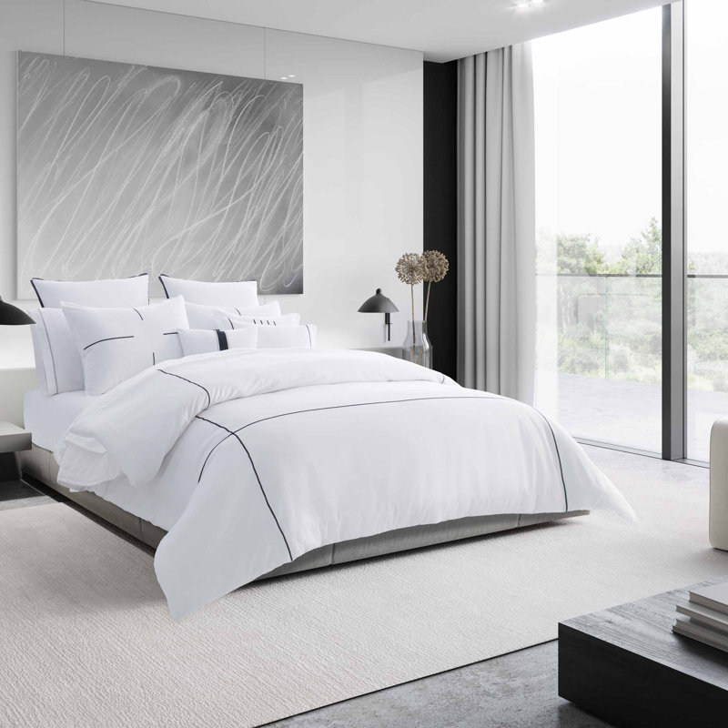 Vera Wang Zig Zag Cotton White Duvet Cover Set, Queen Duvet Cover + 2 Queen Shams
