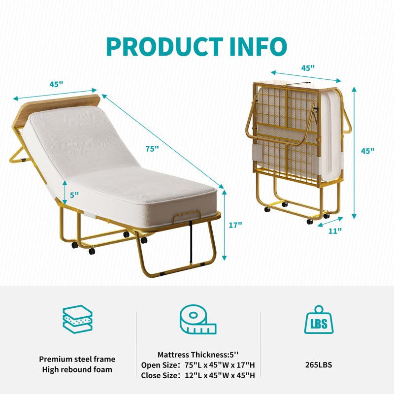 31" Portable Rollaway Folding Bed with 5" Foam Mattress & Lockable Wheels, Short Queen