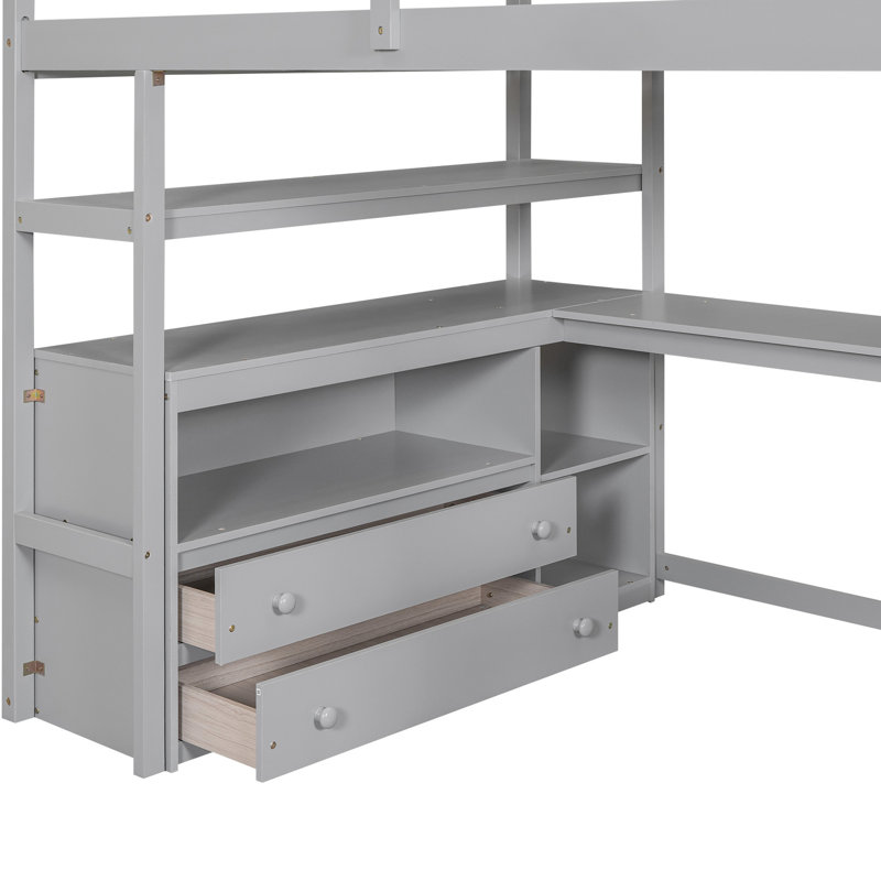 Lit mezzanine pleine grandeur gris Structure avec bureau, tablettes, tiroirs et tablettes élégantes, Gris, Lit double