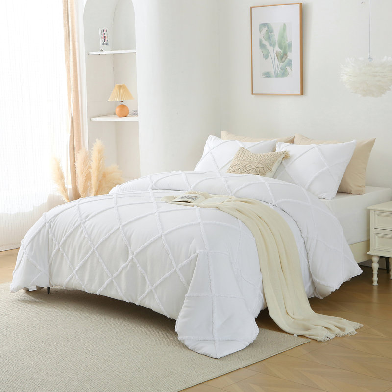 Comforter Set, 3 Pieces Boho Tufted Bedding Set White, Queen Comforter + 2 Pillowcases