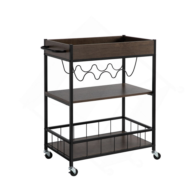 Chariot de cuisine roulant avec rangement à trois niveaux et support à quatre bouteilles de vin, Noyer