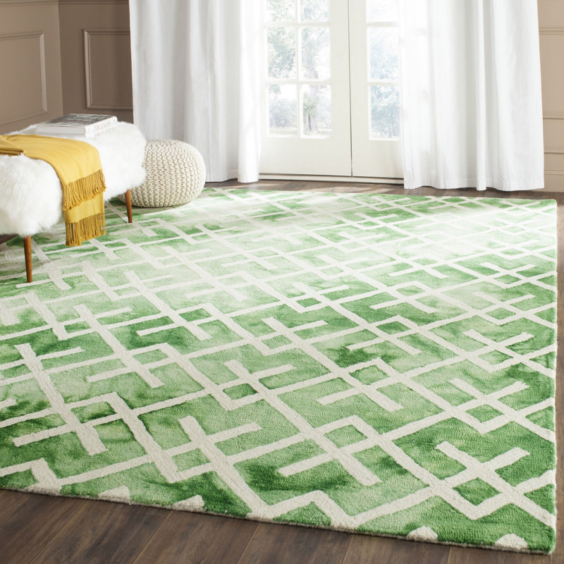 Tapis vert / ivoire en coton tissé à la main Bryauna, Rectangle 8 pi x 10 pi