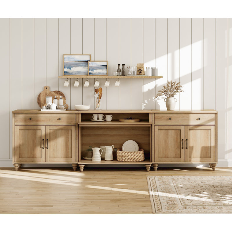 Scarlett Sideboard Cabinet With 2 Drawers, 4 Doors And 2 Open Shelves, Vintage Wood Grain Design, Buffet Cabinet With 8 Storages, Coffee Bar For Dinning Room, Kitchen, And Living Room, Oak, 105 Inch