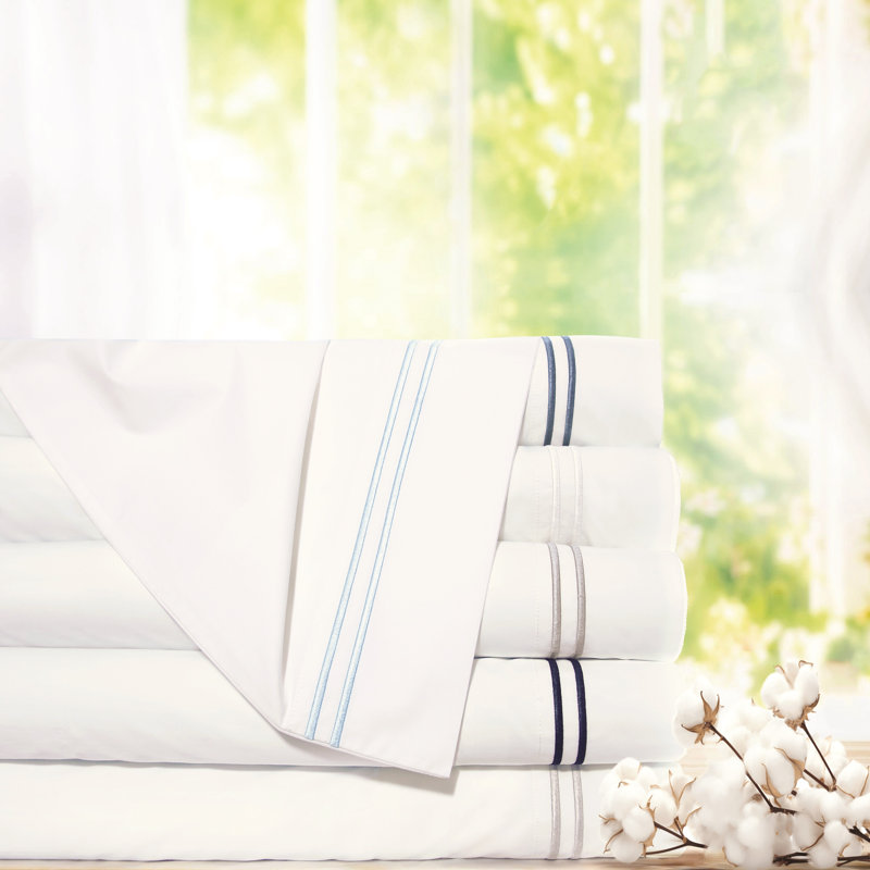 Pointehaven 300 TC Percale 100% Long Staple Cotton Double Satin Stitch Oversized Sheet Set, White/Silver, King Sheet Set