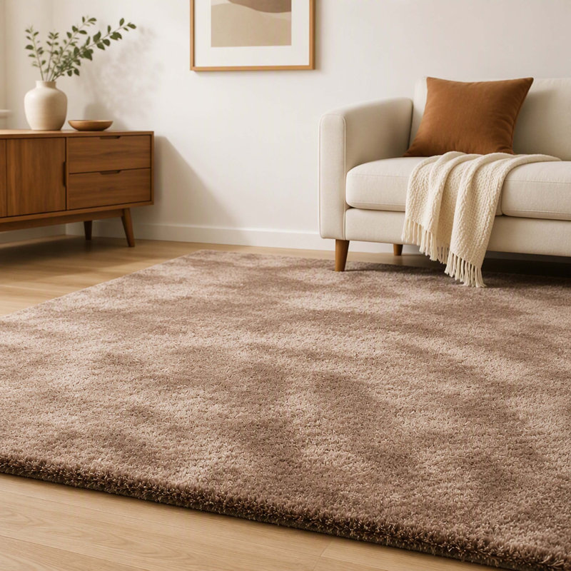 Tapis à poil long luxueux texturé doré de 7,5 po x 9,5 pi de style moderne, équivalent à 89 x 113 po