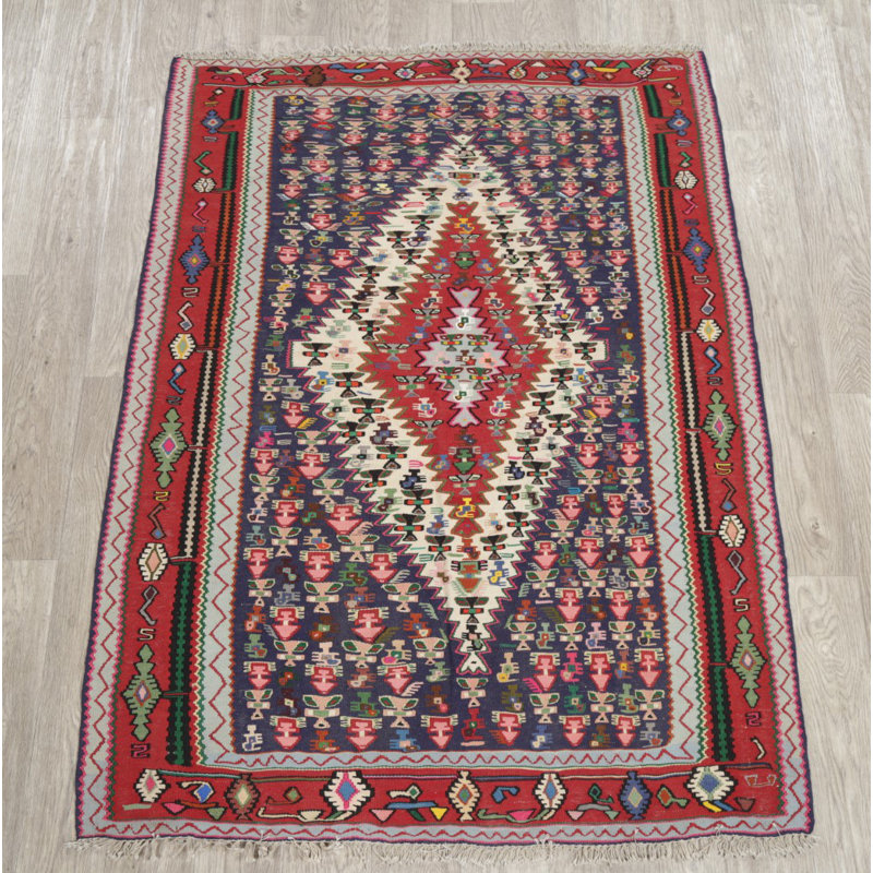 Tapis de la zone en laine bleu/rouge 4 pi x 5 pi 6 po one-of-kind à la main noué la Alexzandre