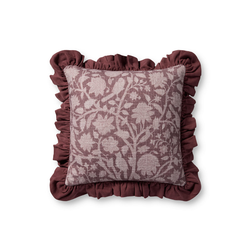 Wine Floral Ruffled 18'' x 18'' Throw Pillow Cover