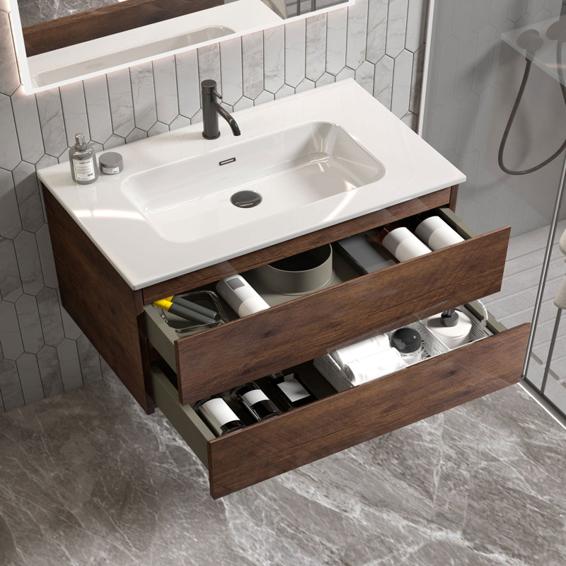 Kersha 36 Inch Single Bathroom Vanity with Ceramic Top with Overflow, Pre-Assembled, Brown, 36", Single Hole